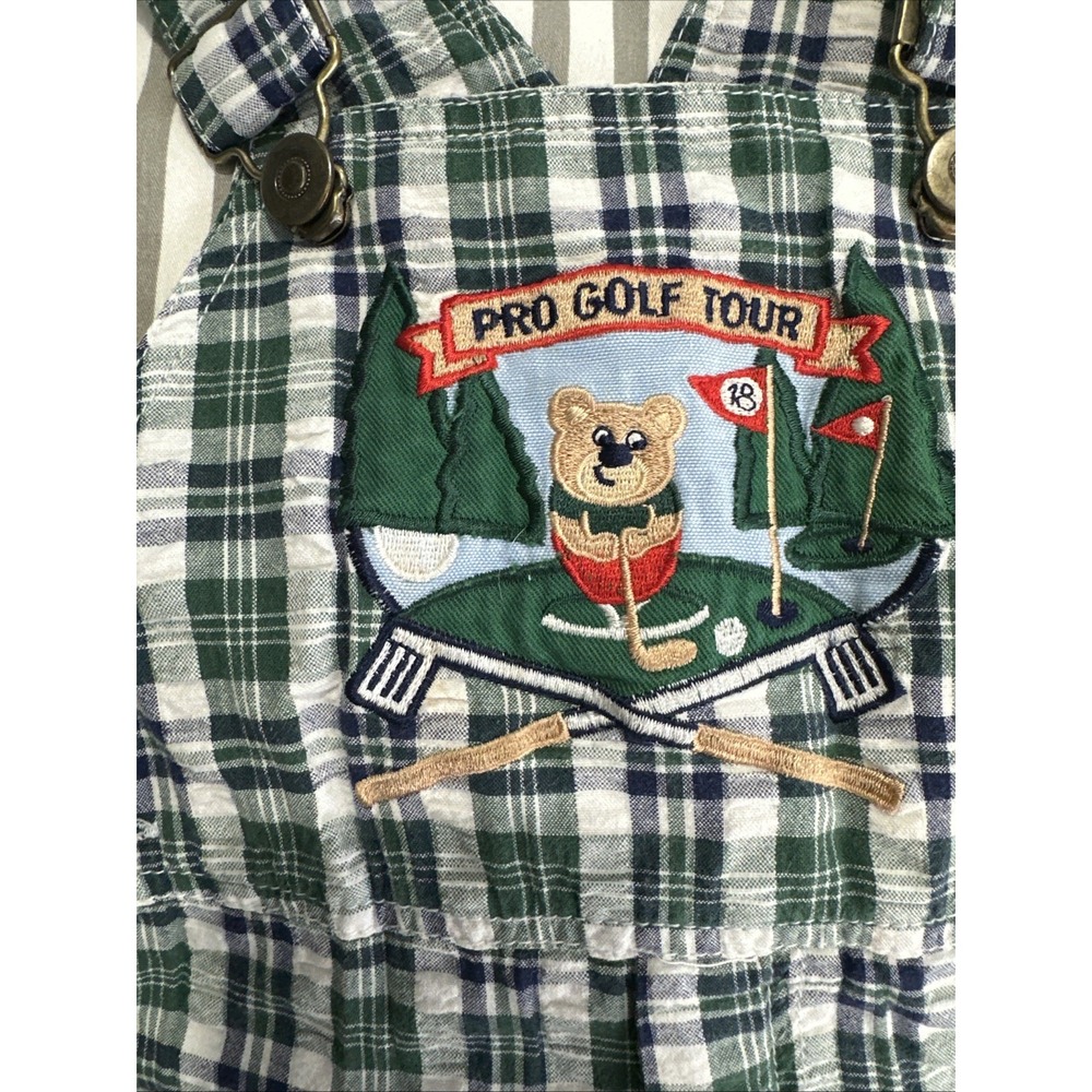 Vintage 24 Mo Baby Overalls Romper Plaid Golf Green Bear Pants 100% Cotton - Picture 2 of 11